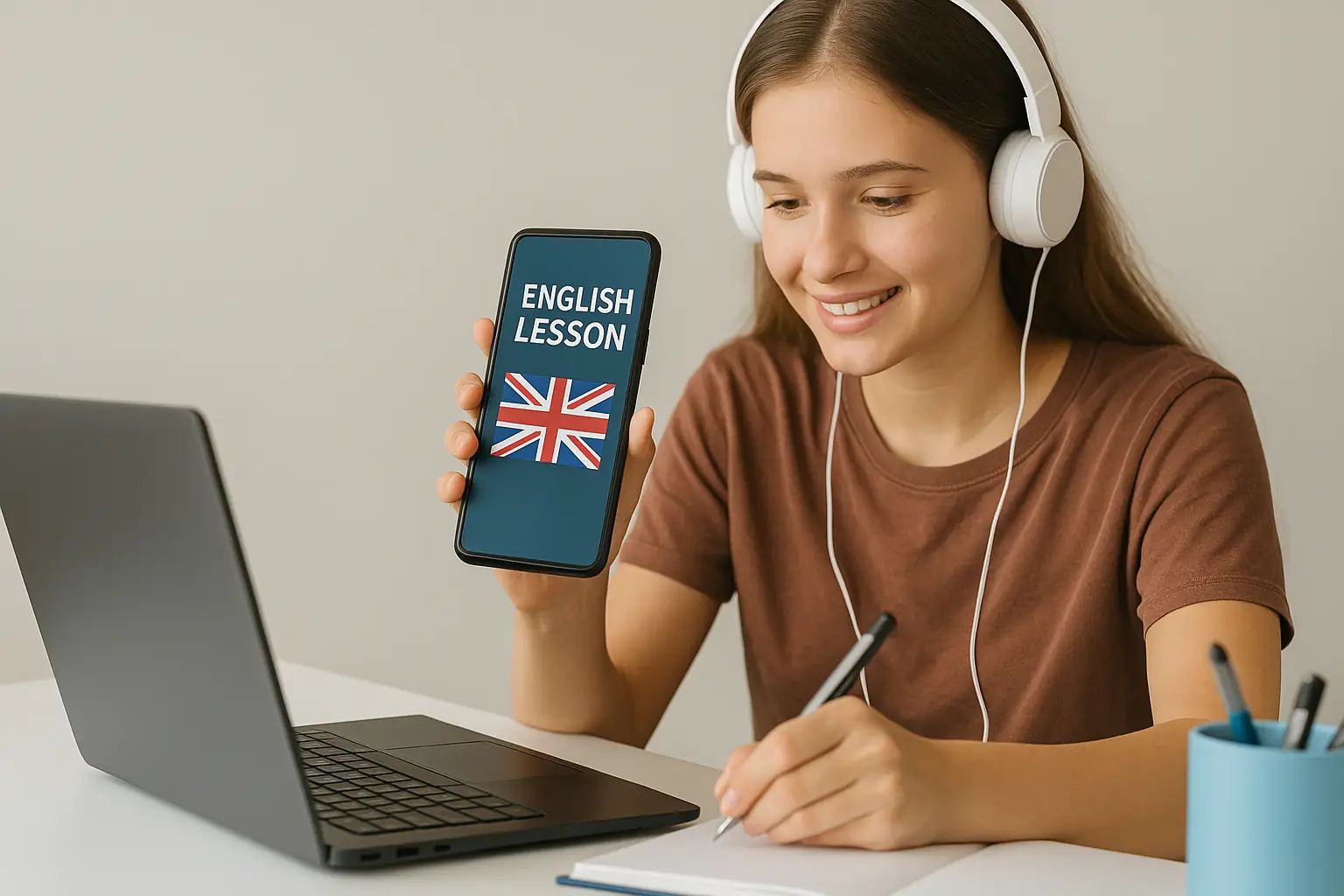 Student learning English with AI